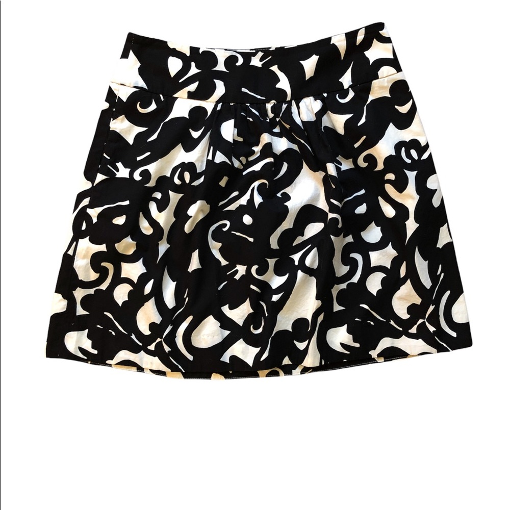 J. Crew Black and Ivory Scroll A-Line Skirt with Pockets